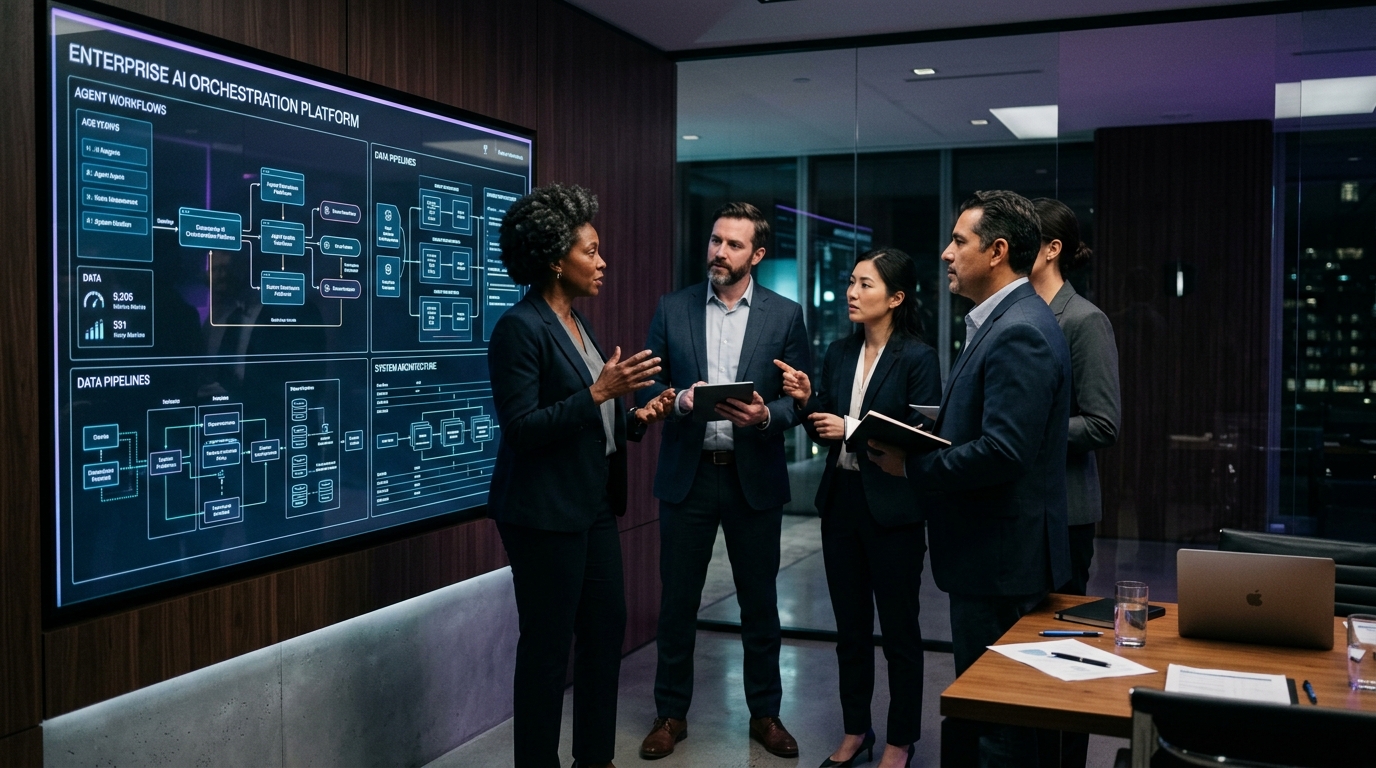 Senior software architects and engineering leadership reviewing enterprise AI agent execution workflows, security boundaries, and tool orchestration on wall displays