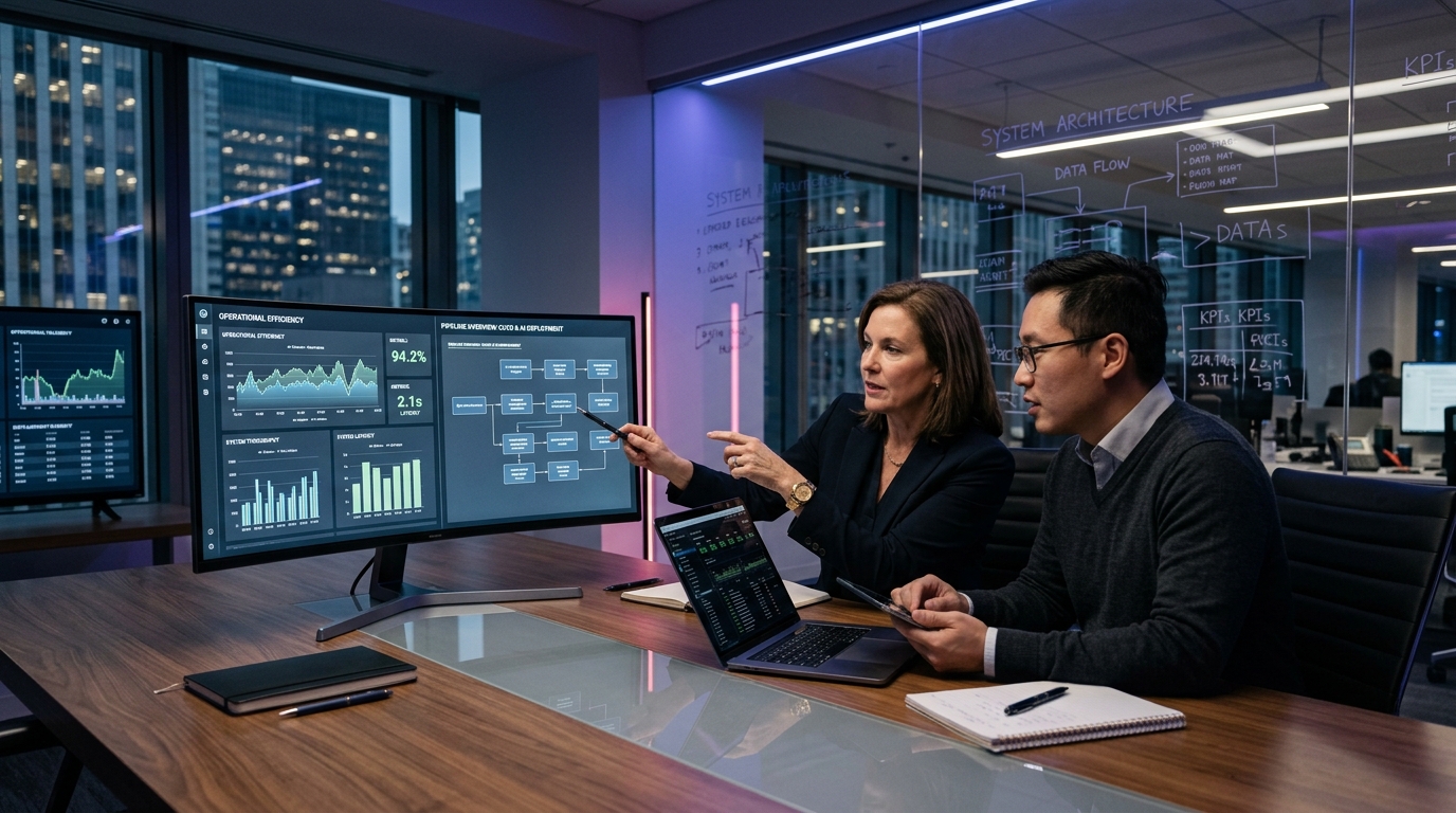 Enterprise VP of operations and AI systems engineer analyzing automation ROI pipelines