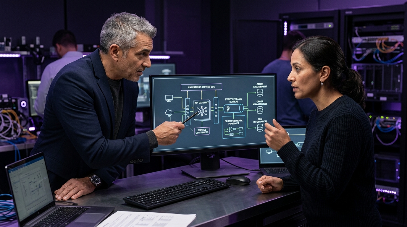 Senior software architects evaluating enterprise API gateway contracts, event streams, and decoupled data pipelines on engineering workstations