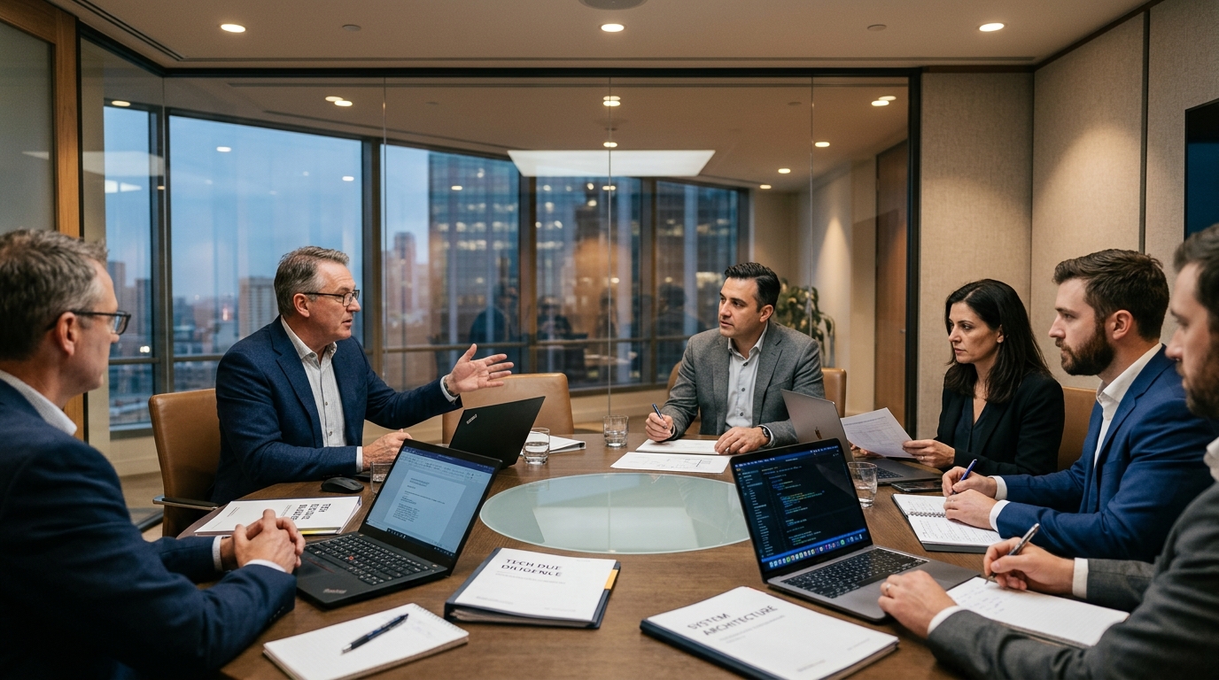 Executive technical due diligence meeting between CTO and prospective technology consulting partners
