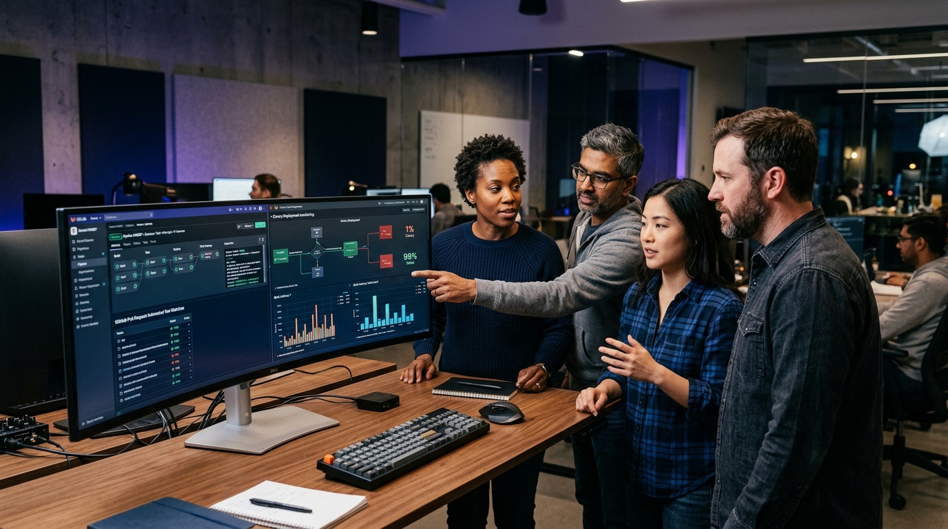 Engineering leadership and senior developers collaborating in front of ultra-wide displays reviewing automated CI/CD pipeline stages and DORA metrics