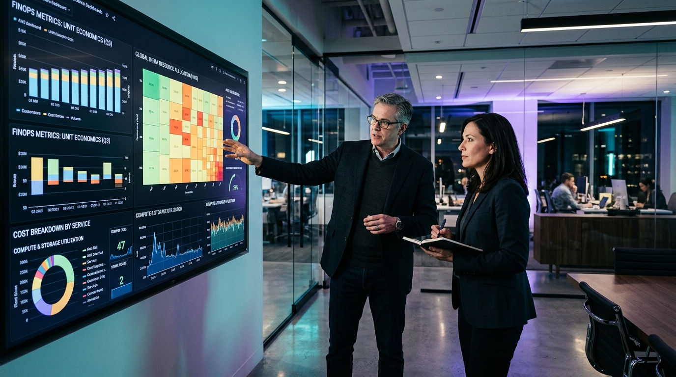 Senior cloud infrastructure architects and engineering leaders analyzing FinOps dashboards, AWS resource heatmaps, and cost allocation metrics in modern operations center