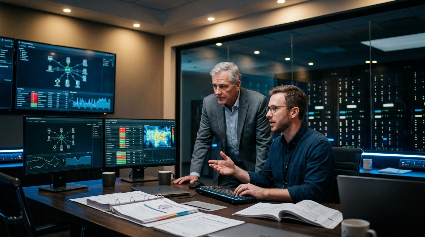 Enterprise VP of Infrastructure and Site Reliability Engineer conducting disaster recovery failover drill in operations control room