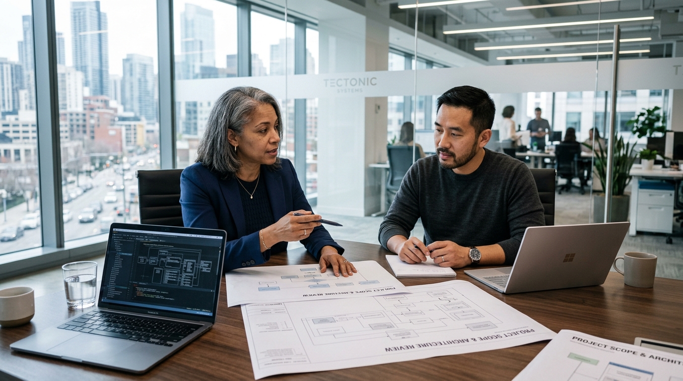 Enterprise solutions architect and engineering lead conducting software estimation review