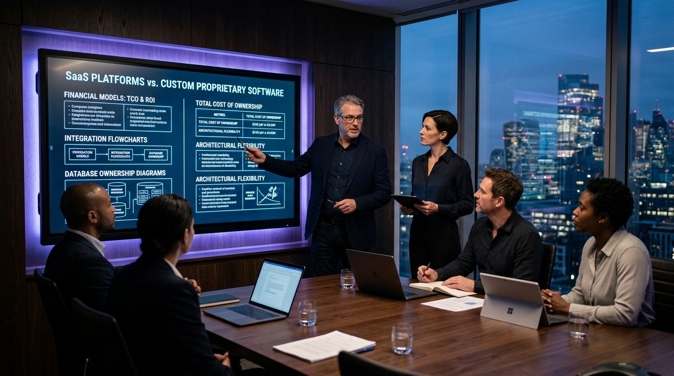 Executive technology boardroom analyzing custom software codebase architecture versus fragmented third-party SaaS cloud platforms