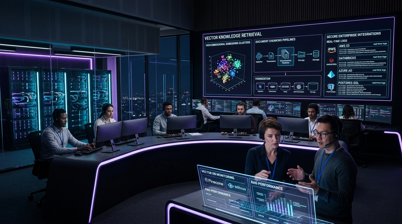 Enterprise AI knowledge control room showing high-dimensional vector retrieval, document chunking, and private database integration