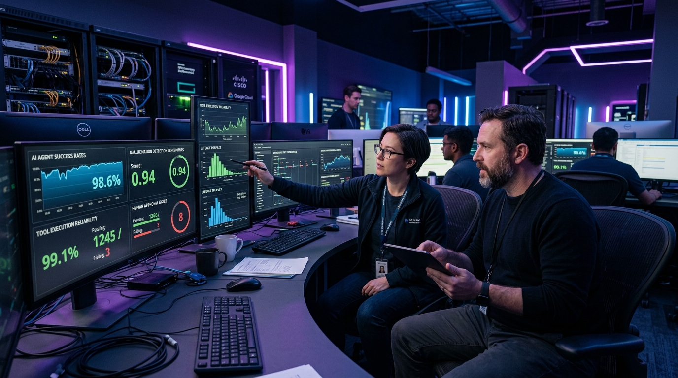Autonomous AI evaluation laboratory showing real-time test runs, telemetry monitors, and human-in-the-loop validation dashboards