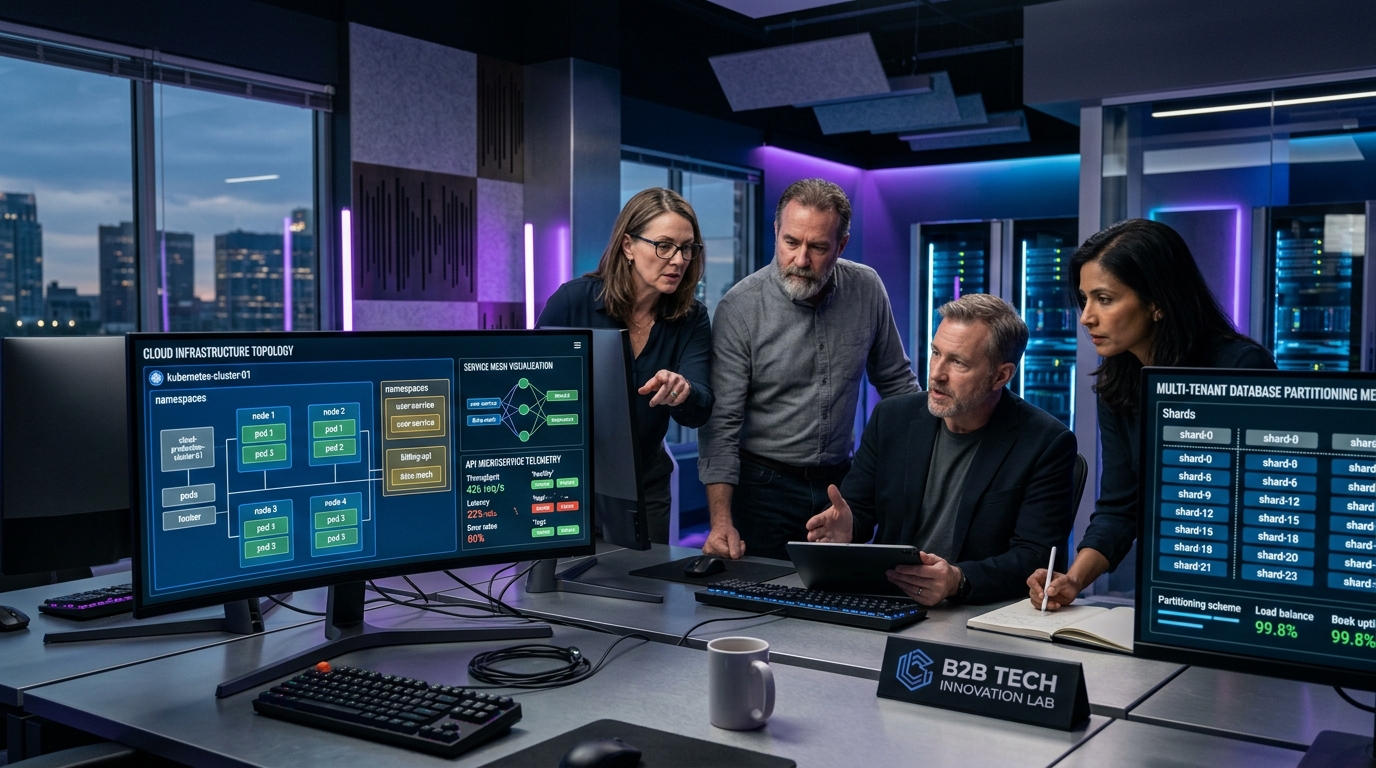 Senior software architects evaluating cloud infrastructure topology, Kubernetes clusters, and multi-tenant database partitioning metrics