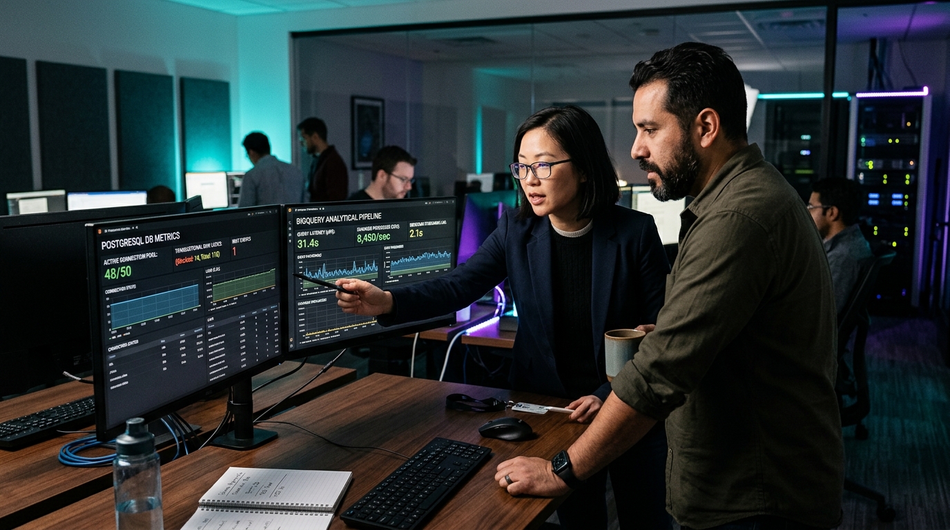 Data architects and backend engineers examining dual monitors comparing transactional PostgreSQL row locks against columnar analytical BigQuery streaming metrics