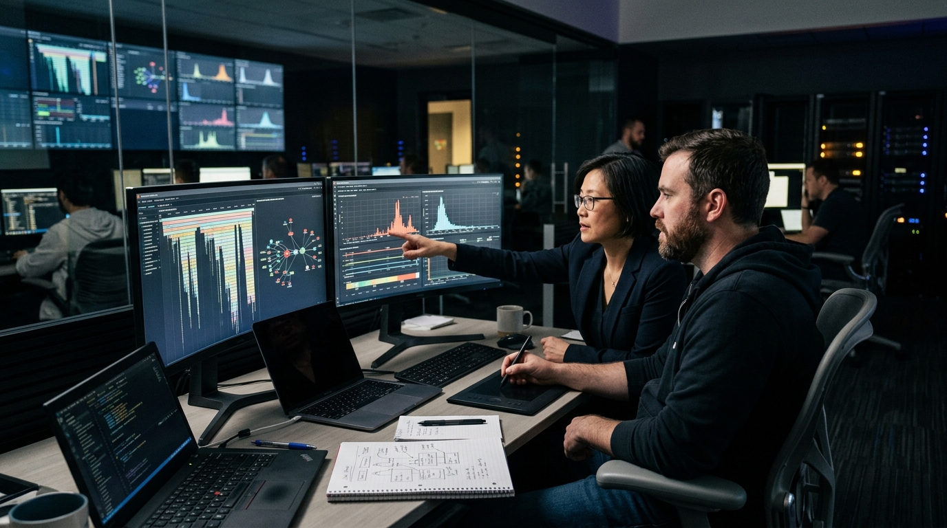 Engineering director and senior site reliability engineer analyzing distributed trace waterfall telemetry in operations center