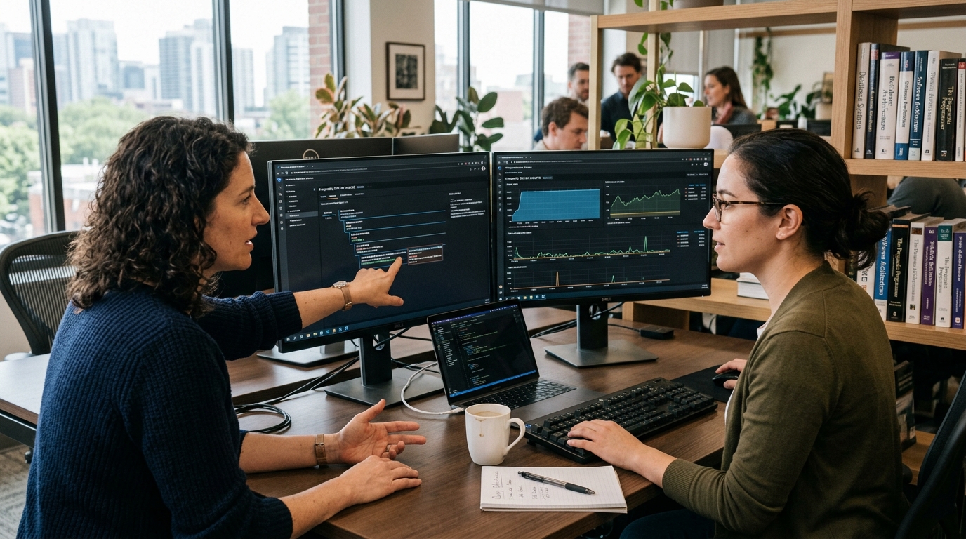 Principal database architect and backend systems engineer examining query execution plans and database buffer hit telemetry on workstation