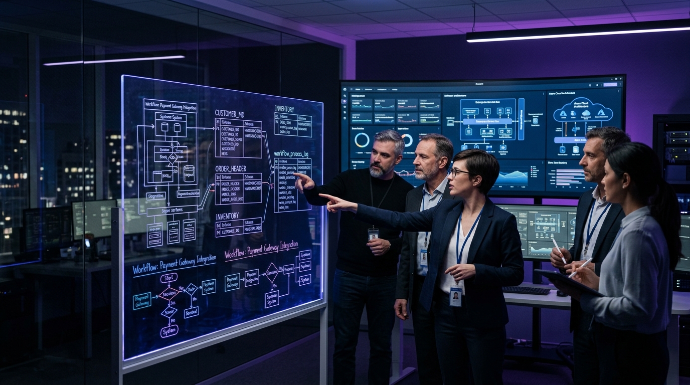 Modern enterprise operations and software architecture team transitioning from spreadsheet workflows to relational custom business systems