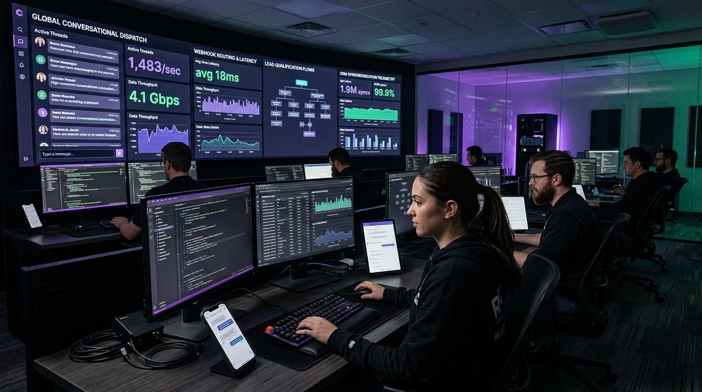 Operations dispatch command center monitoring high-throughput conversational messaging, webhook routing, and lead qualification flows