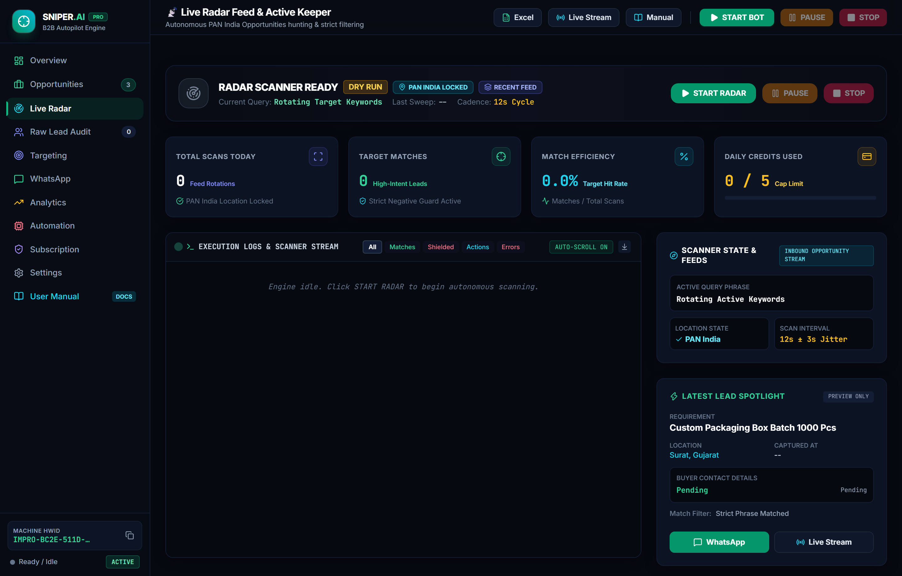 Sniper.AI Pro Real-Time Inbound Opportunity Radar displaying live commercial buyer inquiries